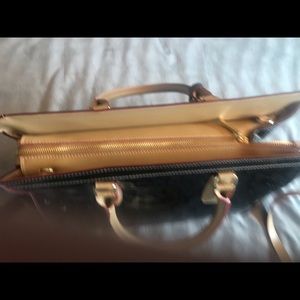 Black leather handbag.